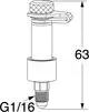 Selbstdichtender Messnippel von IMI Hydronic Engineering, mit einem Anschluss G1/16, abgebildet in einer technischen Zeichnung mit Maßangabe für die Länge.